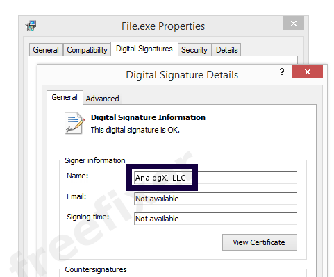 Screenshot of the AnalogX, LLC certificate